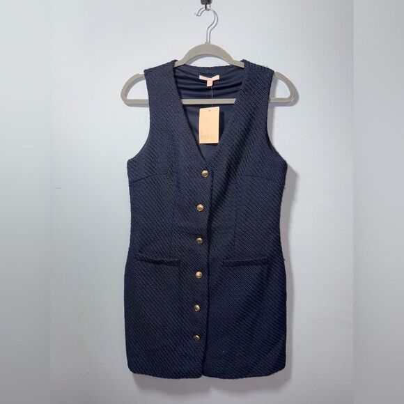 Bebop Navy Blue Sleeveless Tweed Buttoned Nautical Coastal Mini Dress Sz L NWT - Picture 1 of 7